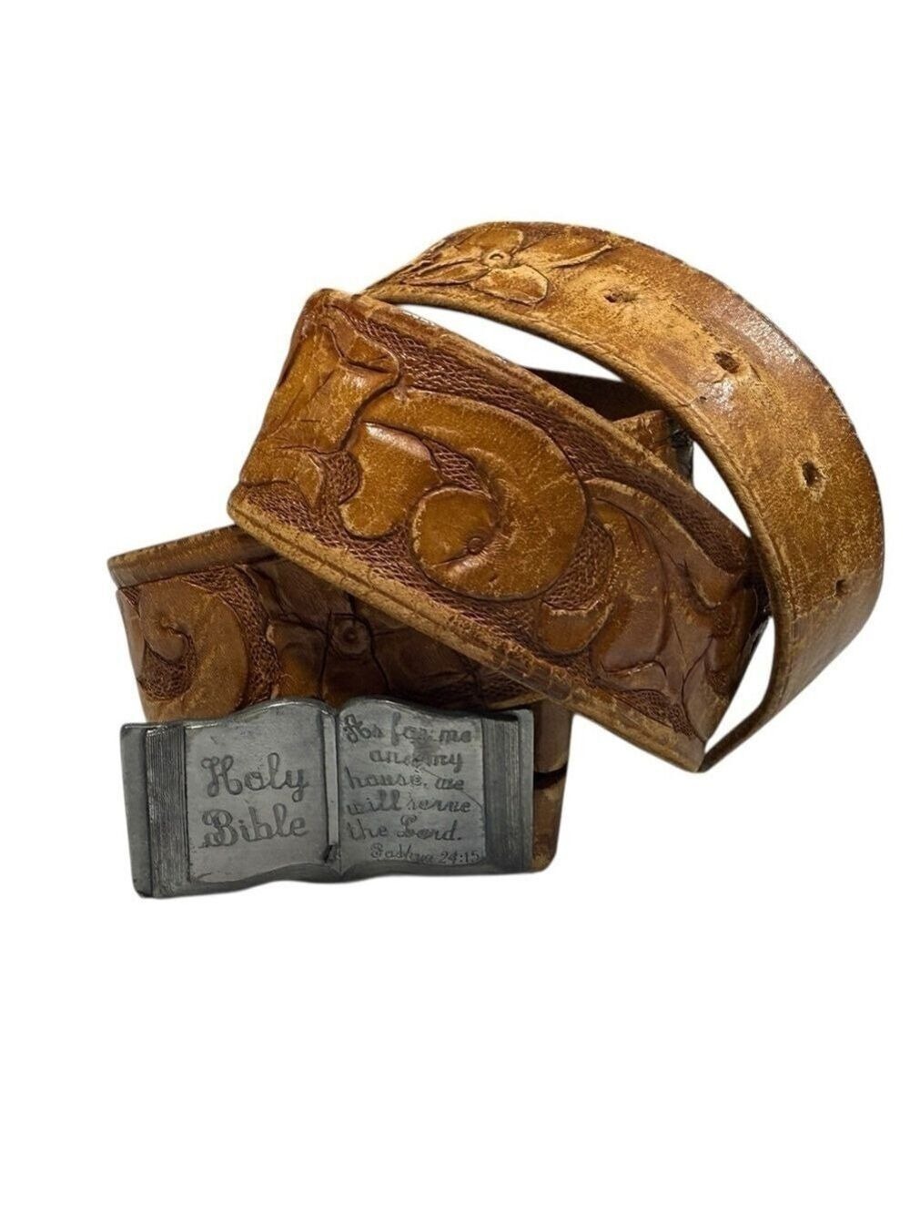 Siskiyou Bible Belt Buckle on Vintage 1984 Hand Tooled Leather Belt